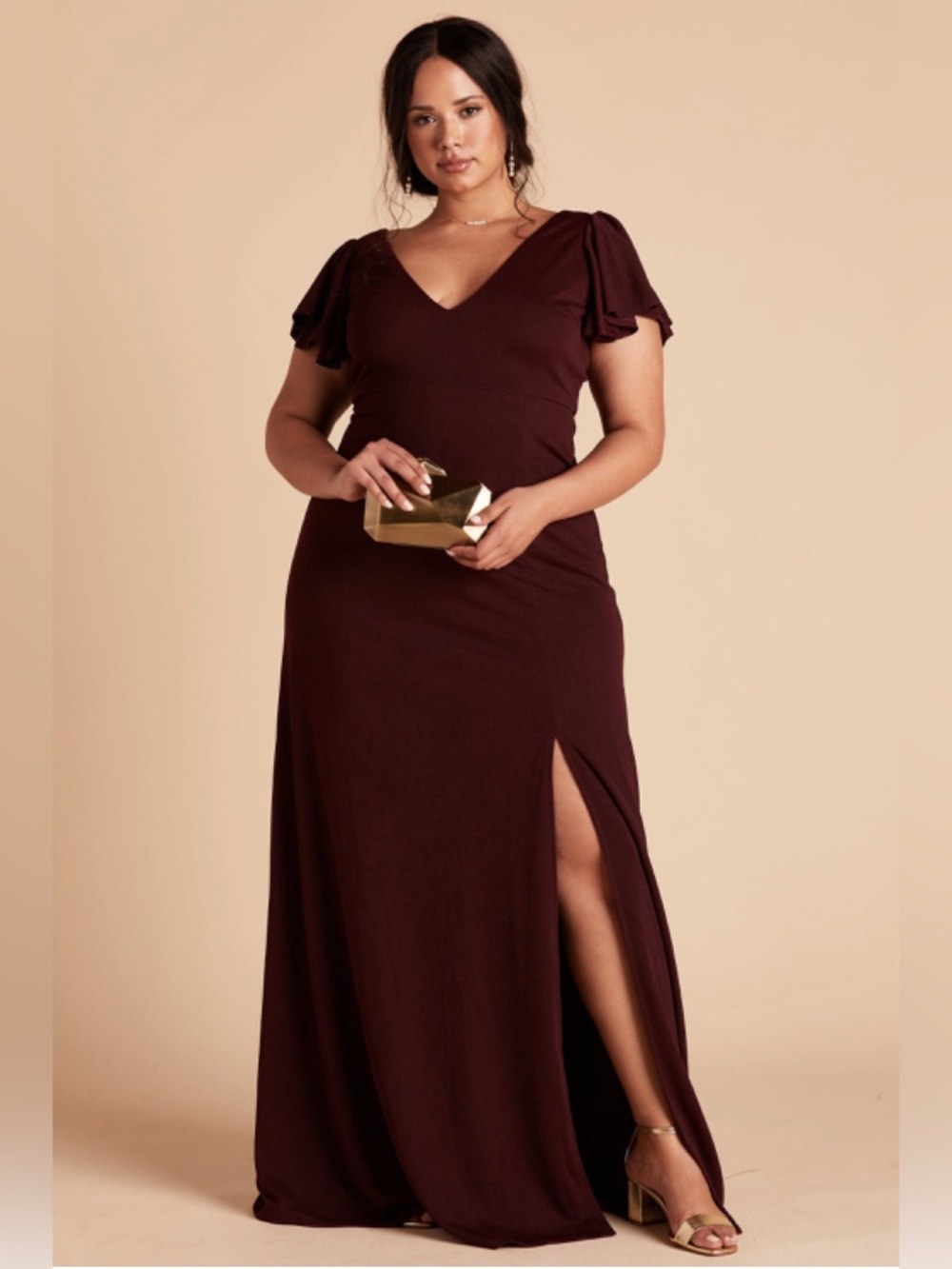 Birdy Grey Burgundy Ruffle Sleeve Dress (Hannah in Crepe)